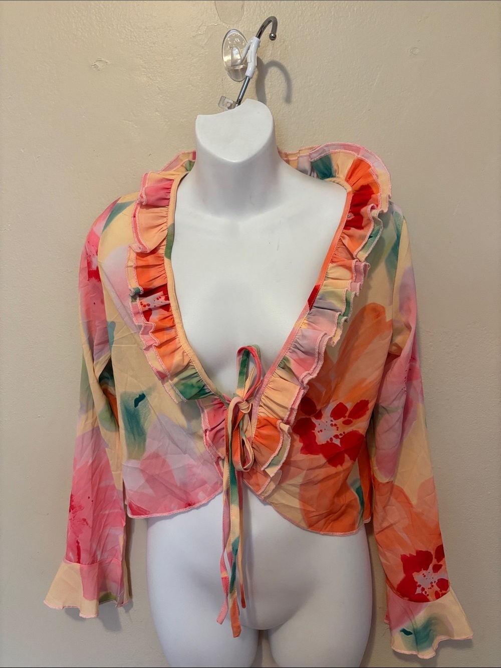 Floral Ruffle Tie-Front Crop Top - Pink Multi